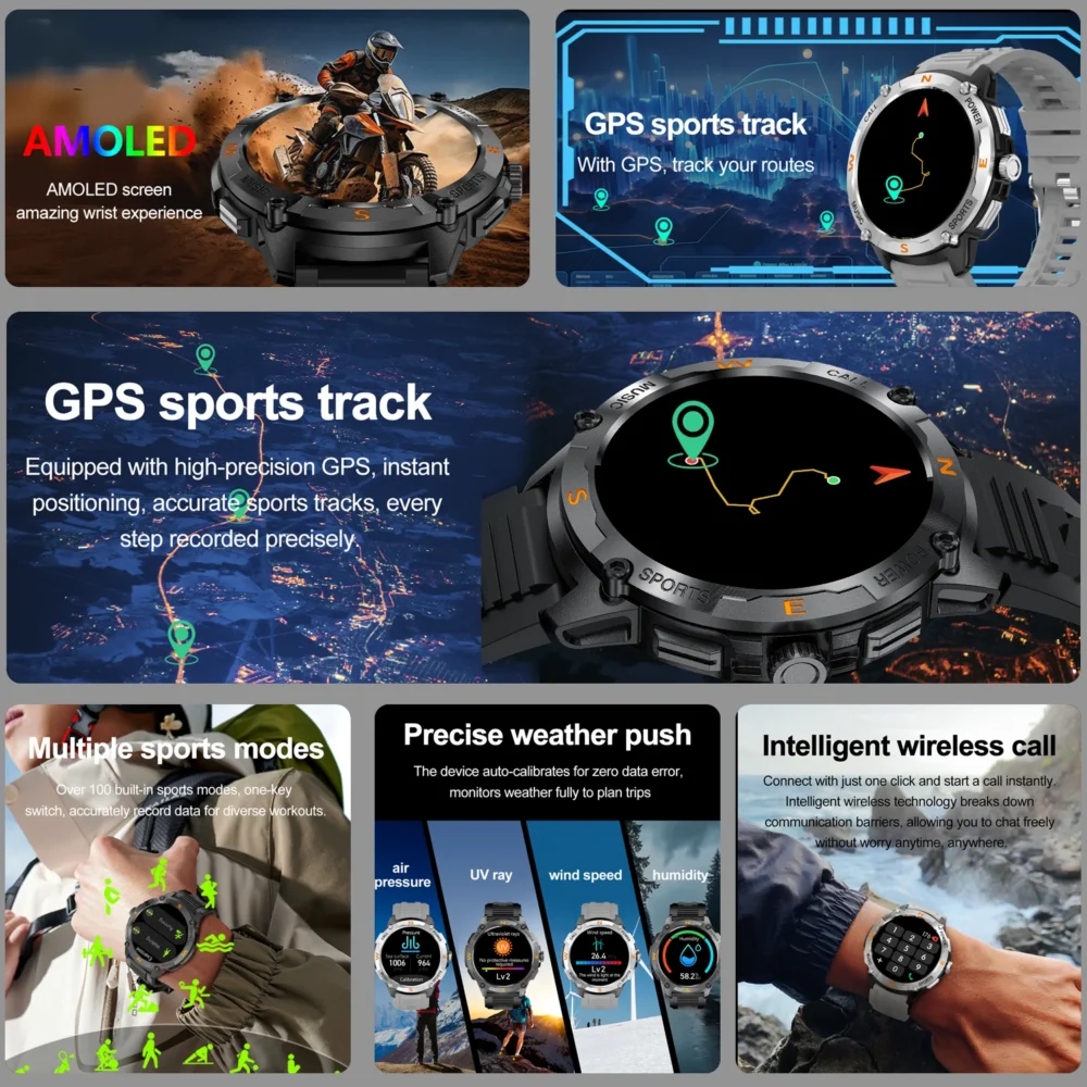 Outdoor Sport Smart Watch Men GPS 1.43'' AMOLED Screen Always Show Time Heart Rate Sport Waterproof BT Call Smartwatch 2025 New - Image 2