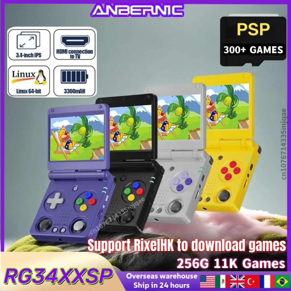Anbernic RG34XXSP 3.4''IPS Screen Flip Handheld Console Linux System HDMI-compatible TV Output 256G PSP 300+ Games Pre-installed
