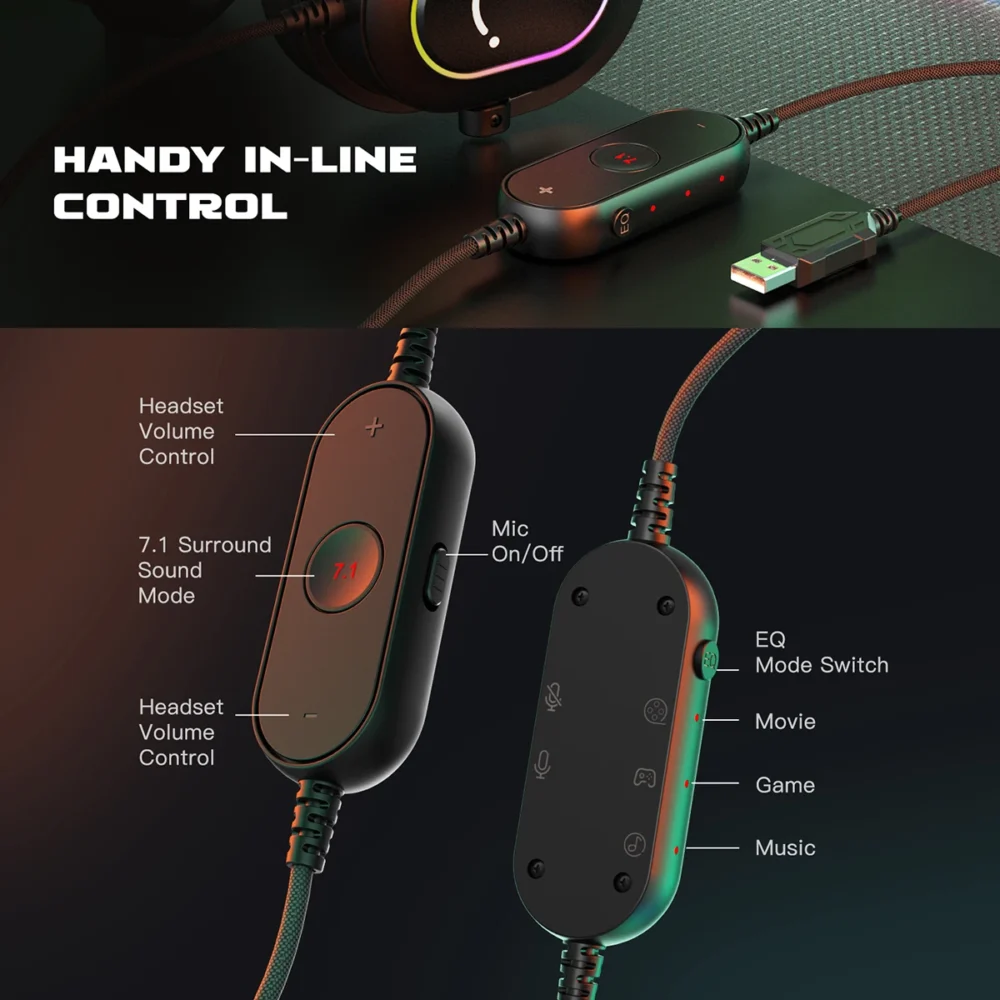 Fifine Dynamic RGB Gaming Headset with Mic Over-Ear Headphones 7.1 Surround Sound PC PS4 PS5 3 EQ Options Game Movie Music - Image 6