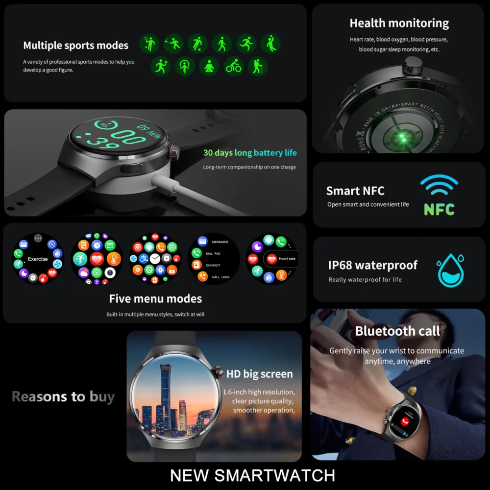 GT 4 PRO Smart Watch Men 360*360 AMOLED HD Screen Bluetooth Call SmartWatch Heart rate Blood oxygen NFC GPS Track Sport Watches - Image 6