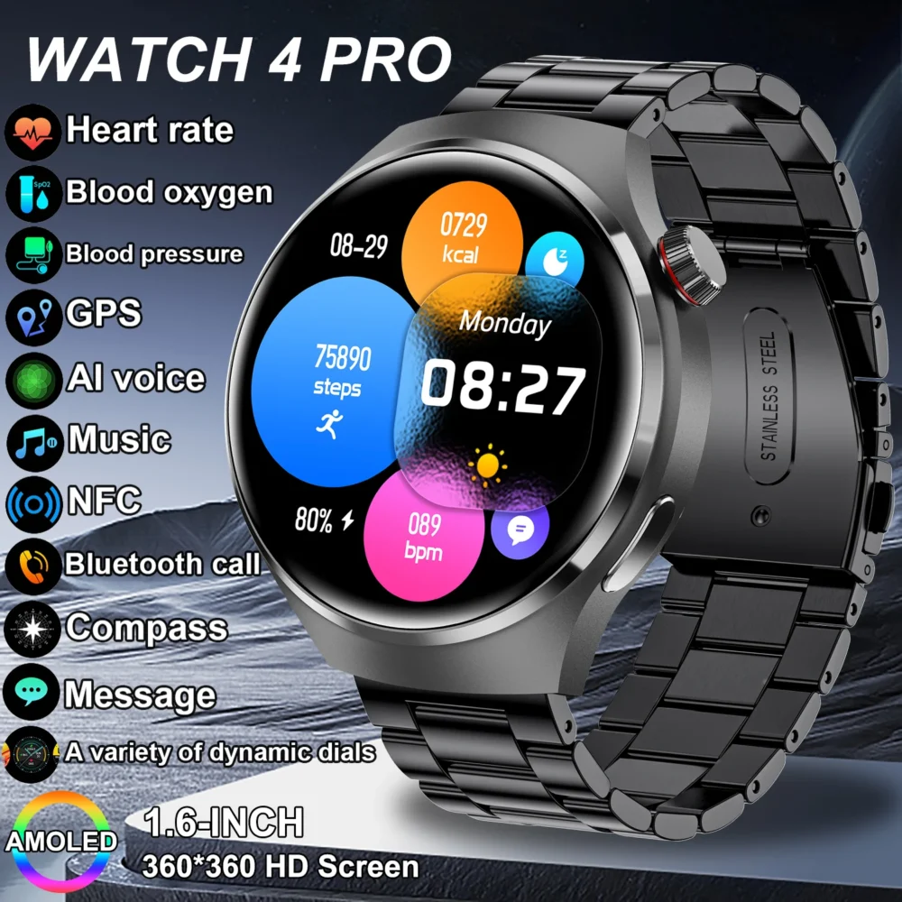 GT 4 PRO Smart Watch Men 360*360 AMOLED HD Screen Bluetooth Call SmartWatch Heart rate Blood oxygen NFC GPS Track Sport Watches